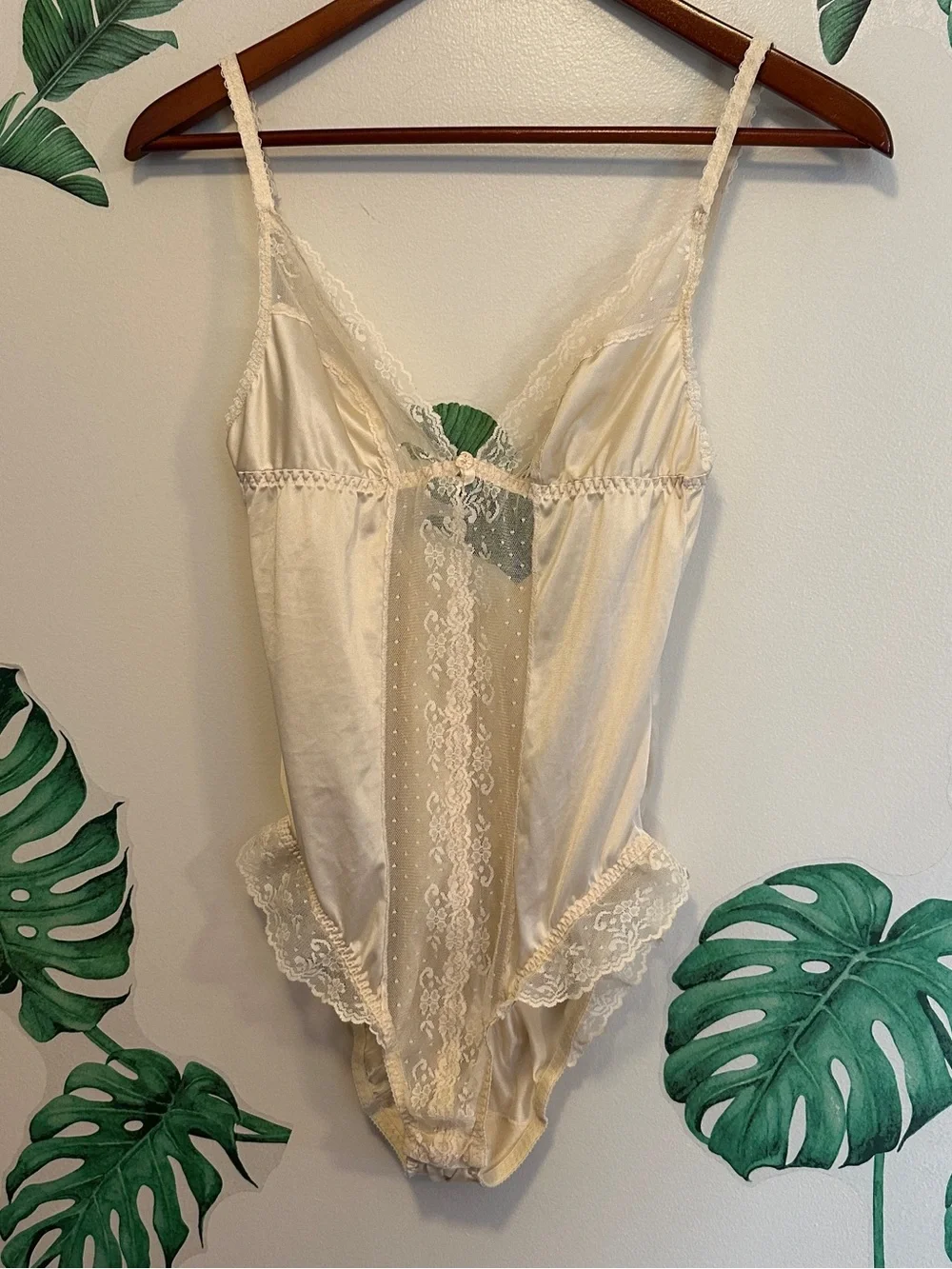 Vintage Ivory Lace Trim Satin Teddy Bodysuit - Women Intimates - Picture 1 of 5